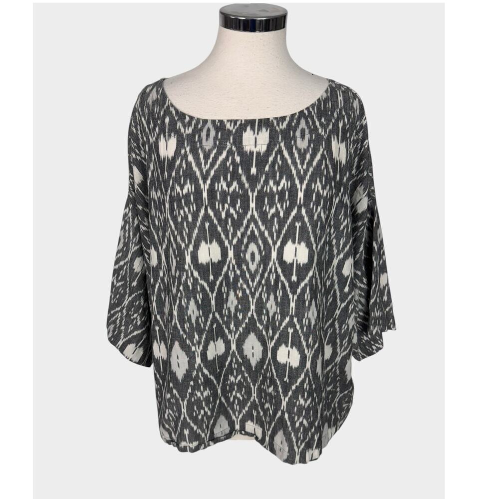 Pure Jill XL Relaxed Fit Gray White Pattern Top Scoop Neckline 100% Cotton